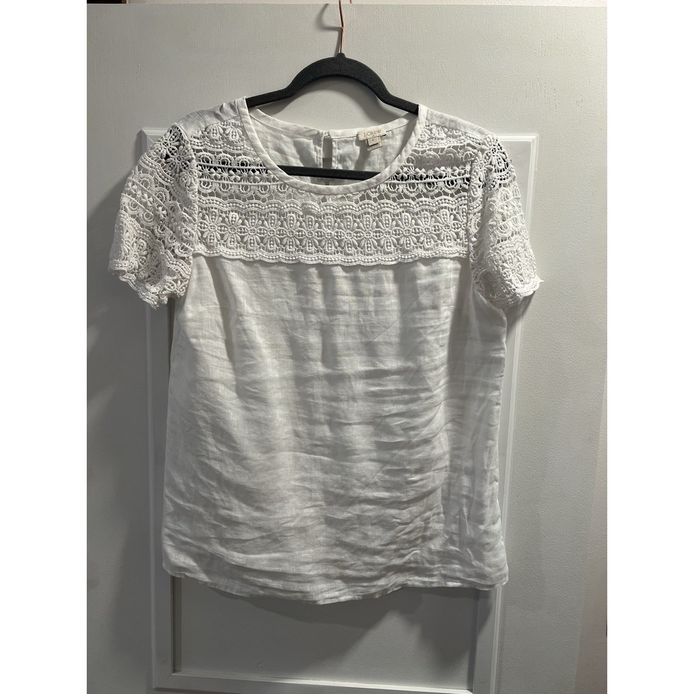 J.CREW Women White Linen Lace Yoke Crew Neck Short Sleeve Button-Back Blouse 8